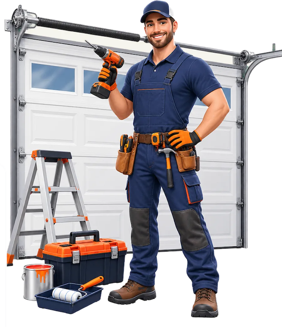 MINI May, the MiniMay handyman, with a drill and tool kit in front of a garage door